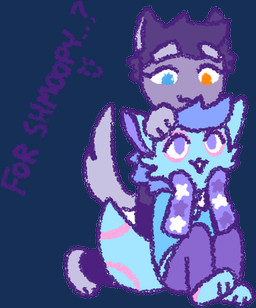 ambiguous_gender anthro blue_body blue_clothing blue_fur blue_shirt blue_topwear bottomwear clothing duo fur grey_body grey_fur hand_on_head heterochromia kneeling looking_at_another male pants purple_bottomwear purple_clothing purple_eyes purple_pants shirt sitting smile star tail topwear 90percentdenny 90_percent_studios purrfect_apawcalypse sparky_fritz canid canine canis domestic_dog mammal alpha_channel character_request low_res