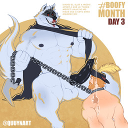 abs animal_genitalia animal_penis anime_nosebleed anthro anthro_dominating_human back_muscles beard big_muscles big_penis blood bodily_fluids bound brown_hair canine_genitalia canine_penis clothing collar dominant dominant_anthro dominant_male dripping duo erection facial_hair fur genital_fluids genitals hair hat_feather headgear headwear human_on_anthro interspecies larger_anthro larger_dom larger_male leash loose_feather male male/male male_on_anthro male_on_human master muscular muscular_anthro muscular_human muscular_male nipples nosebleed nude pecs penis precum precum_drip size_difference slave smaller_human smaller_male submissive submissive_human submissive_male text weapon white_body white_fur quuynart dreamworks puss_in_boots_(franchise) death_(puss_in_boots) canid canine canis human mammal wolf 1:1 hi_res spanish_text translation_check translation_request