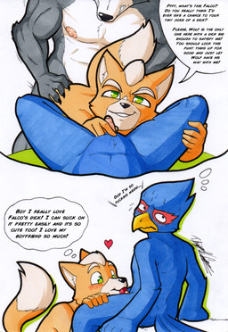 anal anal_penetration anthro blue_body blue_feathers blush cuckold dialogue duo erection feathers fellatio foreskin fur genitals grey_body grey_fur humanoid_genitalia humanoid_penis humiliation male male/male muscular muscular_male nipples nude oral penetration penile penis penis_humiliation sex simple_background small_penis small_penis_appreciation small_penis_humiliation small_penis_penetrator text white_background rotten_owl nintendo star_fox falco_lombardi fox_mccloud wolf_o'donnell avian bird canid canine canis fox mammal wolf absurd_res english_text hi_res traditional_media_(artwork)
