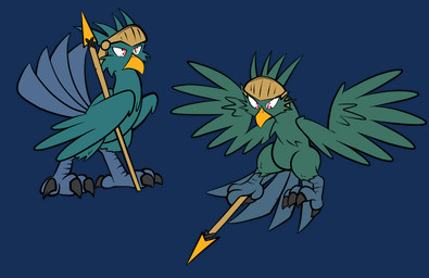 ambiguous_gender armor beak brown_eyes duo feathered_wings feathers feet flying green_wings headgear helmet holding_melee_weapon holding_object holding_polearm holding_spear holding_weapon melee_weapon polearm spear spread_wings standing tail tail_feathers talons toes toony weapon white_sclera wings yellow_beak virmir avian bird 2022 absurd_res alpha_channel digital_media_(artwork) hi_res model_sheet