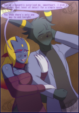 anthro blue_border border clothing date dialogue duo female female_anthro male male_anthro mature_anthro mature_female text walking pok-zone nintendo pokemon fan_character eeveelution generation_2_pokemon generation_4_pokemon pokemon_(species) umbreon weavile english_text hi_res