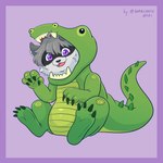 ambiguous_gender anthro border clothed clothing femboy fur humor joke looking_at_viewer male open_mouth purple_border simple_background smile solo suit tail teeth tongue sukriarte vael vael_hoshi alligator alligatorid crocodilian mammal procyonid raccoon reptile scalie 1:1 hi_res