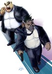 anthro belly brown_body brown_fur clothing duo eyebrows fur gun handgun male necktie open_mouth overweight overweight_male pistol ranged_weapon scar suit thick_eyebrows weapon yawn hikoero777 lifewonders tokyo_afterschool_summoners ashigara_(tas) yasuyori_(tas) bear canid canine canis domestic_dog mammal