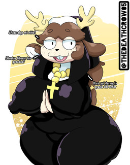 anthro antlers beads big_breasts braces breasts brown_body brown_hair buckteeth collar cross dialogue female hair horn nun nun_outfit prayer_beads rosary solo teeth text thick_thighs crowundeadcat renita_reed_(character) deer mammal digital_media_(artwork) hi_res spanish_text