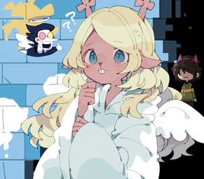 ambiguous_gender anthro antlers black_hair blonde_hair blue_eyes brown_body brown_hair buckteeth eyebrow_through_hair eyebrows eyeless fake_horns fake_wings feathered_wings feathers female freckled_face freckles gesture group hair halo hand_gesture horn looking_at_viewer male open_mouth question_mark teeth thumbs_up translucent translucent_hair trio white_body white_feathers wings 2525nicc deltarune undertale_(series) kris_dreemurr noelle_holiday spamton_g._spamton cervine deer human humanoid mammal 2025 hi_res