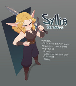 armor belt blonde_hair blue_bottomwear blue_clothing blue_eyes blue_pants boots bottomwear bracers character_bio clothing female footwear hair hand_on_hip holding_object holding_weapon melee_weapon pants pointy_ears shoes simple_background sleeveless_shirt smug_face solo sword text topwear vest weapon huffslove syllia_(huffslove) elf humanoid 2023 digital_media_(artwork) english_text hi_res