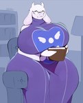 anthro big_breasts book bouncing_breasts breasts chair clothed clothing curvy_figure eyewear female furniture glasses holding_object huge_breasts mature_female sitting smile solo thick_thighs voluptuous white_body wide_hipped_female wide_hips kkoart undertale undertale_(series) toriel boss_monster_(undertale) bovid caprine mammal 2023 signature