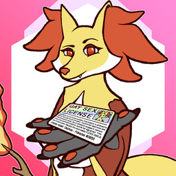breasts convenient_censorship eyebrows eyelashes female fire holding_object humor inner_ear_fluff lgbt_pride license looking_at_viewer makeup mascara multicolored_body nails one_fang orange_eyes pawpads profanity rainbow raised_eyebrow red_body smile smiling_at_viewer solo stated_sexuality stick tail text tuft two_tone_body yellow_body mrtea nintendo pokemon delphox generation_6_pokemon pokemon_(species) 1:1 meme