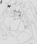 big_breasts breasts cleavage clothed clothing eyewear female glasses hair heart_symbol horn huge_breasts huge_thighs hyper hyper_breasts hyper_thighs kneeling long_hair looking_at_viewer nipple_outline open_mouth simple_background smile solo text thick_thighs zozo_draws hololive mythology vtuber coco_kiryu animal_humanoid dragon dragon_humanoid horned_humanoid humanoid mythological_creature mythological_scalie scalie absurd_res hi_res japanese_text monochrome watermark