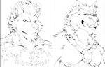 aluminemsiren anthro black_and_white canid canine canis chest_tuft clenched_teeth ear_piercing fangs frown fur grin hair hybrid hyena line_art male mammal monochrome muscular muscular_anthro muscular_male nipples pecs piercing simple_background sketch smile solo spots spotted_hyena teeth tuft white_background wolf