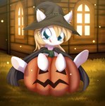 blonde_hair blue_eyes cape clothed clothed_feral clothing female feral food fruit fur grass hair hat headgear headwear plant pumpkin scarf solo white_body white_fur window an-m aryanne hasbro my_little_pony aryanne_(character) fan_character equid mammal hi_res