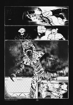 4_panel_comic aaaaa ambiguous_gender anthro armor black_nose blood bodily_fluids clothed clothing detailed_background dot_pupils eyebrows eyewear fur glasses gore group hair male motion_lines mouth_closed open_mouth page_number sharp_teeth teeth text tomb tongue walking white_sclera white_text leprzil canid canine crocodile crocodilian domestic_cat felid feline felis mammal mummy murid murine oriental_shorthair rat reptile rodent scalie undead 2026 artist_name comic english_text hi_res monochrome