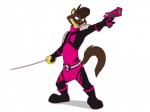 anthro brown_body brown_fur brown_nose clothing fur green_eyes gun holding_object holding_weapon male melee_weapon ranged_weapon solo spandex sword tight_clothing weapon frankieancelotti least_weasel mammal mustelid musteline true_musteline weasel