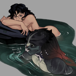 black_eyes black_hair breasts butt crossed_arms duo female female_human female_on_humanoid hair human_on_humanoid interspecies light_body light_skin long_hair lying male male/female male_humanoid male_on_human mandibles muscular muscular_humanoid muscular_male narration nude nude_female nude_human nude_humanoid nude_male on_front on_rock partially_submerged pseudo_hair ripples rock sharp_teeth side_boob simple_background swimming teeth tentacle_hair tentacles text water leafjuly predator_(franchise) alien alien_humanoid human humanoid mammal yautja absurd_res colored english_text hi_res