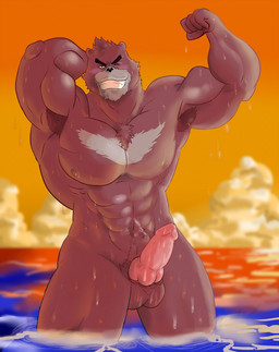 abs anthro armpit_hair balls barazoku biceps body_hair dripping erection flexing fur genitals legs_in_water male manly muscular muscular_anthro muscular_male nipples nude partially_submerged pecs penis smile solo standing standing_in_water submerged_legs sunset water wet jabuhusky the_boy_and_the_beast kumatetsu bear mammal 2017 hi_res