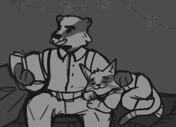 anthro biped book bottomwear clothing eyes_closed pants reading shirt sitting topwear omgspasite beastly_crimes beastly_crimes_(2024) badgercat domestic_cat felid feline felis mammal 2025 monochrome