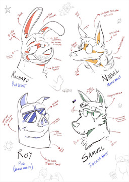 anthro eye_scar eyewear facial_scar five_o'clock_shadow group male scar scruffy sunglasses text wearing_sunglasses dudenahuel nahuel_(dudenahuel) richard_(dudenahuel) roy_(dudenahuel) samuel_(dudenahuel) canid canine canis domestic_pig iberian_wolf lagomorph leporid mammal maned_wolf rabbit suid suine sus_(pig) wolf yorkshire_pig 2023 absurd_res bust_portrait english_text hi_res portrait sketch