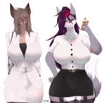 anthro beverage big_breasts biped blush bottomwear breasts bubble_tea butt claws clothed clothing duo female female/female fur hair markings mole_(marking) simple_background skirt smile standing student wide_hips worker ranadi canid canine canis domestic_dog mammal suid suine sus_(pig) wild_boar 1:1 absurd_res hi_res