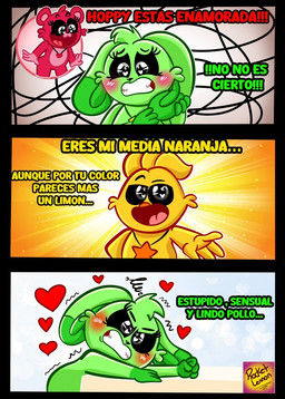 anthro blush female green_body heart_symbol male red_body solo text thinking yellow_body rocketlennon mob_entertainment poppy_playtime smiling_critters bobby_bearhug hoppy_hopscotch kickinchicken avian bear bird chicken galliform lagomorph leporid mammal phasianid rabbit comic hi_res spanish_text