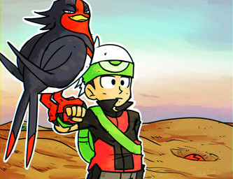 5_fingers ambiguous_gender beak biped black_eyes clothed clothing cloud day eyebrows feathers feet feral fingers group hat headgear headwear male mouth_closed outside sand sky standing tail tail_feathers talons toes trio white_sclera wings yellow_beak megatonslater nintendo pokemon brandon_(pokemon) generation_3_pokemon human mammal pokemon_(species) swellow trapinch 2025 absurd_res hi_res