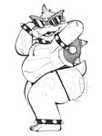 anthro belly big_butt blush bracelet butt clothing embarrassed eyewear jewelry jockstrap male overweight overweight_male shell solo spiked_bracelet spiked_shell spikes spikes_(anatomy) sunglasses underwear citrussluggo mario_bros nintendo koopaling roy_koopa koopa scalie graphite_(artwork) hi_res line_art monochrome traditional_media_(artwork)