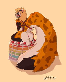 anthro anus backsack balls bdsm big_tail black_body black_fur blonde_hair blush bondage bound butt cake cake_sitting dessert food food_fetish food_play fur genitals hair happy looking_back male nude orange_body orange_fur piercing presenting presenting_hindquarters rear_view rope snaggle_tooth solo tail whisker_spots white_body white_fur lapp_(artist) lapp ictonychine mammal marbled_polecat mustelid musteline polecat_(mustelid) absurd_res hi_res