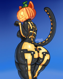 big_butt breasts butt clothing curvy_figure female food for_a_head fruit glistening glistening_body glowing glowing_eyes holidays latex legs_together looking_at_viewer looking_back pattern_clothing plant pumpkin pumpkin_head side_boob solo thick_thighs voluptuous voluptuous_female wide_hips melenamundi epic_games fortnite fortnite:_battle_royale halloween spice_(fortnite) felid feline humanoid mammal object_head 4:5 absurd_res hi_res