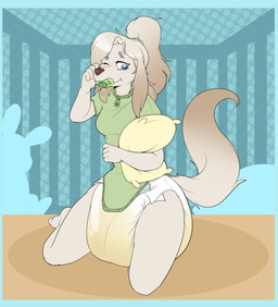 ageplay anthro big_diaper blue_eyes bodily_fluids breasts clothed clothing crib diaper diaper_under_clothing diaper_under_onesie female genital_fluids gradient_fur gradient_hair gradient_tail hair huge_diaper infantilism kneeling nocturnal_enuresis object_in_mouth one_eye_closed onesie onesie_open pacifier pacifier_in_mouth pillow ponytail roleplay rubbing_eyes solo unclean_diaper urine used_diaper waking_up wearing_diaper wet_diaper wetting bubblepuppers anastasia_(renelittlefox) canid canine canis domestic_dog mammal 2023 digital_media_(artwork) hi_res unavailable_at_source