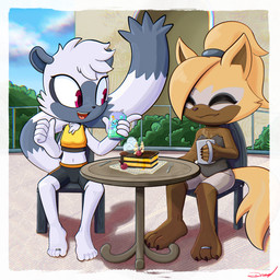 anthro barefoot beverage beverage_can bottomwear breasts cake can chair clothed clothing container cup dessert digit_ring duo fangs feet female fingers food fur furniture hair holding_can holding_container holding_cup holding_mug holding_object jewelry mug navel open_mouth outside plant plantigrade ring shorts sitting sky smile table tail teeth toe_ring toes topwear toon_draw idw_publishing sega sonic_the_hedgehog_(comics) sonic_the_hedgehog_(idw) sonic_the_hedgehog_(series) tangle_the_lemur whisper_the_wolf canid canine canis lemur mammal primate ring-tailed_lemur strepsirrhine wolf 1:1 digital_media_(artwork) hi_res