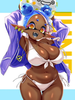 big_breasts bikini breasts butt butt_from_the_front clothed clothing collarbone dark_body dark_skin ear_piercing eyebrows eyelashes female front-tie_bikini glistening glistening_body glistening_breasts glistening_skin glistening_thighs humanoid_pointy_ears jewelry navel necklace open_clothing open_mouth open_shirt open_smile open_topwear piercing pointy_ears shirt side-tie_bikini smile solo string_bikini swimwear teeth thigh_gap tongue topwear two-piece_swimsuit white_bikini white_clothing white_swimwear wide_hips yellow_eyes t2ukmyjm nintendo splatoon frye_(splatoon) animal_humanoid aquatic cephalopod humanoid inkling mollusk mollusk_humanoid 2026 3:4 digital_media_(artwork) hi_res