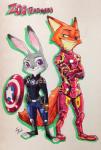 3_toes anthro armor belt breasts clothing crossed_arms duo feet female fingerless_gloves fur gloves green_eyes handwear looking_back machine male power_armor purple_eyes shield simple_background small_breasts smile text toes topwear utility_belt jazz_jack disney marvel the_avengers zootopia captain_america iron_man judy_hopps nick_wilde canid canine fox lagomorph leporid mammal rabbit red_fox true_fox 2016 crossover hi_res