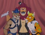 anthro blue_eyes bottomwear clothing curtains eyebrows gloves glowing glowing_eyes group handwear harness hat headgear headwear looking_at_viewer machine male red_cheeks smile stripes teeth top_hat underwear white_eyes wire yellow_eyes repzzmonster five_nights_at_freddy's scottgames fan_character rattykai_(character) repzzmonster_(character) trevor_(kiba24) animatronic cougar felid feline lion mammal murid murine pantherine rat robot rodent bolt_(disambiguation) 2019 hi_res