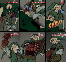 blonde_hair blood bodily_fluids clothing disembowelment duo facial_hair gloves gore green_clothing green_headwear gui hair handwear headgear headwear heart_(organ) heart_symbol male melee_weapon organ_transplant organs pain parody rib_cage ribs solo_focus sword teeth torn_clothing violence weapon unknown_artist nintendo the_legend_of_zelda link human mammal monster compression_artifacts source_request