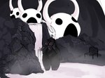 2024 2_horns anthro arthropod belly bench black_body black_eyes black_neck cave digital_media_(artwork) female hollow_knight horn hornet_(hollow_knight) hot_spring partially_submerged rock solo standing team_cherry the_demon_women thick_thighs water white_head