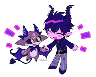 ambiguous_gender anthro clothed clothing duo eyes_closed hand_holding horn male simple_background white_background enaic31 nijisanji nijisanji_en vtuber debidebi_debiru ren_zotto ambiguous_species demon demon_humanoid humanoid hi_res