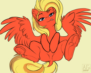 blonde_mane blue_eyes dock_(anatomy) feathered_wings feathers featureless_crotch female feral fur hooves inner_ear_fluff looking_at_viewer lying mane null on_back presenting_crotch red_body red_feathers red_fur red_wings simple_background solo spread_legs spreading tail text tongue tongue_out tuft underhoof wings yellow_background yellow_tail airfly-pony hasbro my_little_pony mythology fan_character equid equine mammal mythological_creature mythological_equine pegasus 2019 absurd_res hi_res signature
