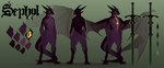 abdominal_scar anthro bastard_sword big_butt big_scar big_wings black_sword breasts butt chest_scar chevron_(marking) claws countershade_arms countershade_hands countershade_legs countershade_thighs countershade_torso countershading dark_body dark_claws dark_feet dark_horn digitigrade featureless_breasts female flat_chested genitals glowing glowing_scar greatsword green_eyes green_sclera horn large_wings long_sword longsword markings melee_weapon membrane_(anatomy) membranous_wings mouth_closed multi_horn muscular muscular_female navel neck_scar non-sexual nude_anthro nude_female purple_body purple_scales pussy red_eyes resting_bitch_face scales scar solo straight_horn sword tail thick_tail weapon wings yellow_flesh yellow_scar yellow_sclera fluffy_cactus mythology wolffie529 hyndraranth_(wolffie) sephyl_(wolffie) animate_inanimate dragon humanoid kobold living_weapon mythological_creature mythological_scalie scalie character_name full-length_portrait hi_res model_sheet portrait