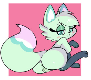 anus blush blush_lines female feral genitals humanoid_genitalia humanoid_genitalia_on_feral humanoid_vulva humanoid_vulva_on_feral looking_at_viewer looking_over_shoulders quadruped simple_background sitting smile solo vulva viofsa chikn_nuggit slushi_(chikn_nuggit) canid canine fox mammal 2025 digital_media_(artwork) hi_res