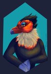 anthro beak black_body black_feathers clothed clothing feathers female looking_away neck_tuft painterly red_body red_feathers simple_background solo tuft winged_arms wings yellow_eyes kangabanga animal_crossing nintendo amelia_(animal_crossing) accipitrid accipitriform avian bird caracara eagle falconid northern_crested_caracara 2021 half-length_portrait hi_res portrait signature