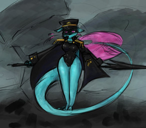 anthro blue_body clothing female fur gills hat headgear headwear looking_at_viewer melee_weapon navy navy_hat navy_uniform oversized_clothing polearm shadowed_eyes simple_background solo spear swimwear tail thick_thighs uniform weapon whiskers alexleviafan rain_world videocult rivulet_(rain_world) felid mammal slugcat digital_media_(artwork)