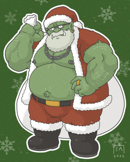 beard belly big_belly bulge christmas_clothing christmas_headwear clothing eyewear facial_hair glasses green_body hat headgear headwear holidays humanoid_hands male moobs navel nipples overweight overweight_male santa_hat solo goyemon_k christmas santa_claus humanoid orc 2022 4:5 hi_res