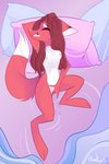 2:3 absurd_res anthro bed bitesizesinner bodily_fluids breasts brown_hair canid canine dipstick_ears dipstick_tail ear_markings eyes_closed facial_markings female fingering fox fur furniture genital_fluids genitals hair head_markings hi_res kiare long_hair lying mammal markings masturbation multicolored_ears multicolored_tail nipples nude on_back pillow pussy red_body red_fur solo tail tail_markings vaginal vaginal_fingering vaginal_fluids vaginal_masturbation