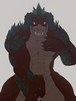2_horns 5_fingers abs anthro balls biceps big_muscles big_penis bodily_fluids claws erection fangs fingers foreskin front_view genital_fluids genitals glowing glowing_eyes hand_on_chest hand_on_own_chest horn humanoid_genitalia humanoid_penis male muscular navel nude pecs penis precum red_body simple_background solo spikes spikes_(anatomy) teeth vein veiny_penis maison_6 fallout microsoft deathclaw monster scalie 3:4 colored digital_drawing_(artwork) digital_media_(artwork) hi_res