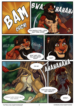 abs annoyed anthro anus areola ass_up balls biceps bodily_fluids bottomwear butt clothed clothing crying_laughing dialogue duo eyes_closed flaccid foreskin forest fur genitals hair holding_object holding_shield humanoid_genitalia humanoid_penis laugh loincloth loincloth_only male male/male markings muscular muscular_anthro muscular_male nipples onomatopoeia open_mouth outside partially_retracted_foreskin pecs penis plant shield smile sound_effects speech_bubble stuck stuck_in_tree tail tears teeth text topless topless_anthro topless_male tree tribal tribal_markings darkthorns felid lion mammal pantherine comic digital_media_(artwork) english_text hi_res url