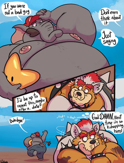 anthro belly blue_eyes clothing duo facial_hair fur grey_body hair hat headgear headwear heart_(marking) male markings moobs muscular muscular_anthro muscular_male mustache nipples orange_body orange_fur overralls overweight overweight_anthro overweight_male red_hair text thinking thought_bubble white_hair uniparasite mario_bros nintendo elephant_mario mario meowser koopa scalie absurd_res comic english_text hi_res