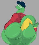 anthro bedroom_eyes big_butt bottomless butt butt_grab clothed clothing green_body green_skin hand_on_butt heart_symbol huge_butt huge_thighs hyper hyper_thighs male narrowed_eyes red_clothing seductive solo sweater thick_thighs topwear elpegakito snakejw_(bendyjw) reptile scalie snake hi_res