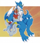 anthro armor biceps big_muscles blue_body blue_skin blush claws cosplay countershading duo fangs horn male membrane_(anatomy) membranous_wings muscular muscular_male red_eyes tail teeth wings spidersnax_(artist) bandai_namco digimon mythology drayk_dagger digimon_(species) dragon exveemon flamedramon mythological_creature mythological_scalie scalie shurian 2011