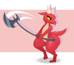 anthro armor axe big_butt butt digitigrade female flat_chested headgear helmet horn nude simple_background smile solo tail tapering_tail thick_thighs weapon wide_hips yellow_sclera otherthatguy vetna kobold scalie hi_res