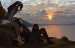 2018 5_fingers akitamonster anthro barefoot black_hair canid canine canis day detailed_background digital_media_(artwork) domestic_dog duo feet female fingers hair mammal open_mouth outside purple_eyes sitting sky smile sun sunset