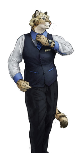 anthro athletic black_bottomwear black_clothing black_pants blonde_hair blue_necktie bottomwear clock clothed clothing collared_shirt dress_shirt flight_attendant flight_attendant_uniform front_view fully_clothed fur hair looking_aside male markings necktie pants shirt simple_background solo spots spotted_body spotted_fur straightening_tie suit tail tan_body tan_fur topwear vest walking watch white_background white_clothing white_shirt white_topwear wristwatch cettus clouded_leopard felid mammal pantherine 2026 hi_res